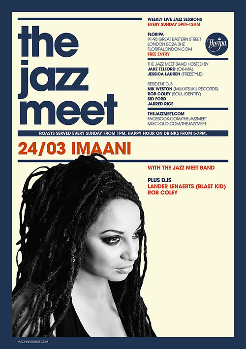 Imaani and The Jazz Meet Band, Sunday March 24th at Floripa